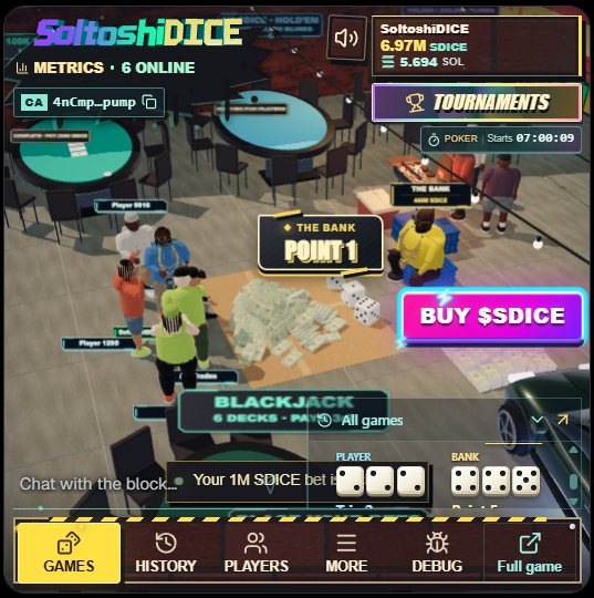 The SoltoshiDICE courtyard with players around dice, poker and blackjack